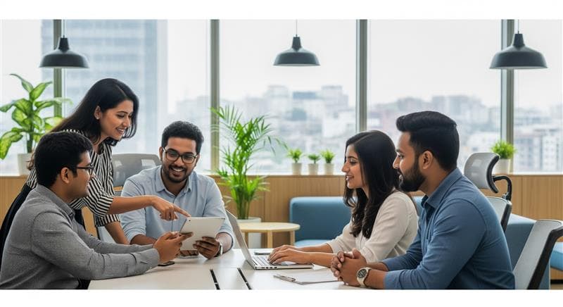 A team of professionals collaborating in a modern office